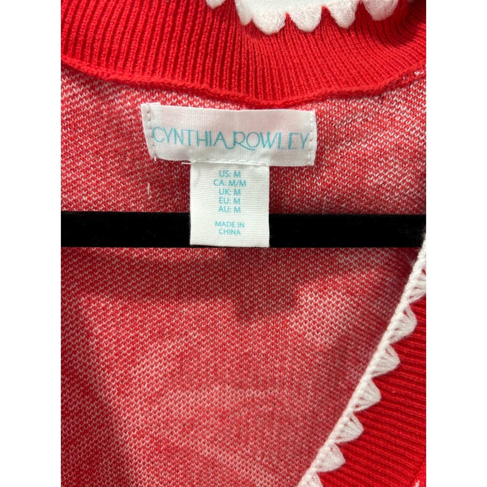 Cynthia Rowley Red White Tropical Palm Tree Scalloped Cotton Cardigan Sweater M - Picture 2 of 9